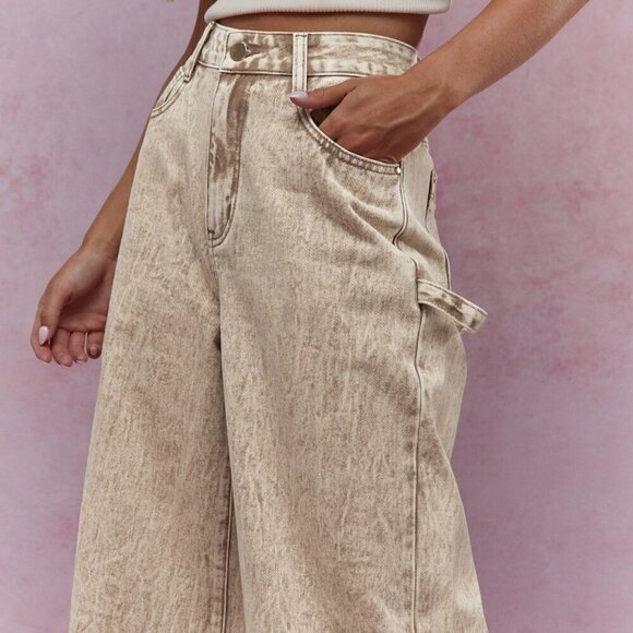 Khaki Casual Women's Washed Folded Hem Straight Leg Jeans - Picture 4 of 4